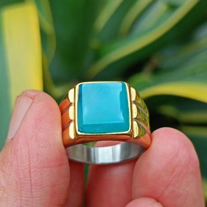 Natural Cincin Akik Bacan Doko Majiko Kotak Kristal Elegan Ring Titanium Gold