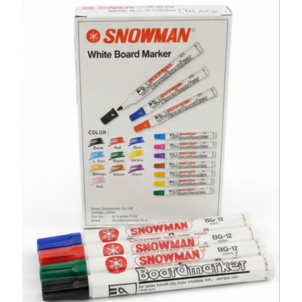 Spidol Snowman Warna Hitam White Board Market Non Permanen 1 Box Isi 12 Pcs