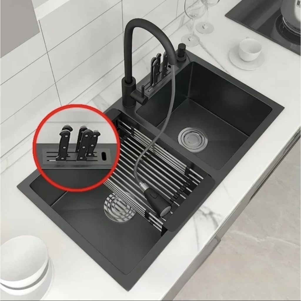Paket Kitchen Sink Stainless ICHSAN 8245 HITAM / Sink ICHSAN 8245 BLACK Kran
