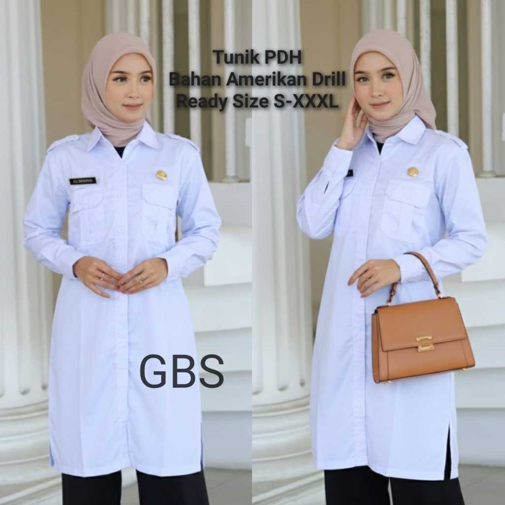 TUNIK PDH WANITA PUTIH POLOS BAHAN AMERIKAN DRILL TEBAL ADEM DAN HALUS/ SERAGAM PUTIH ASN PNS