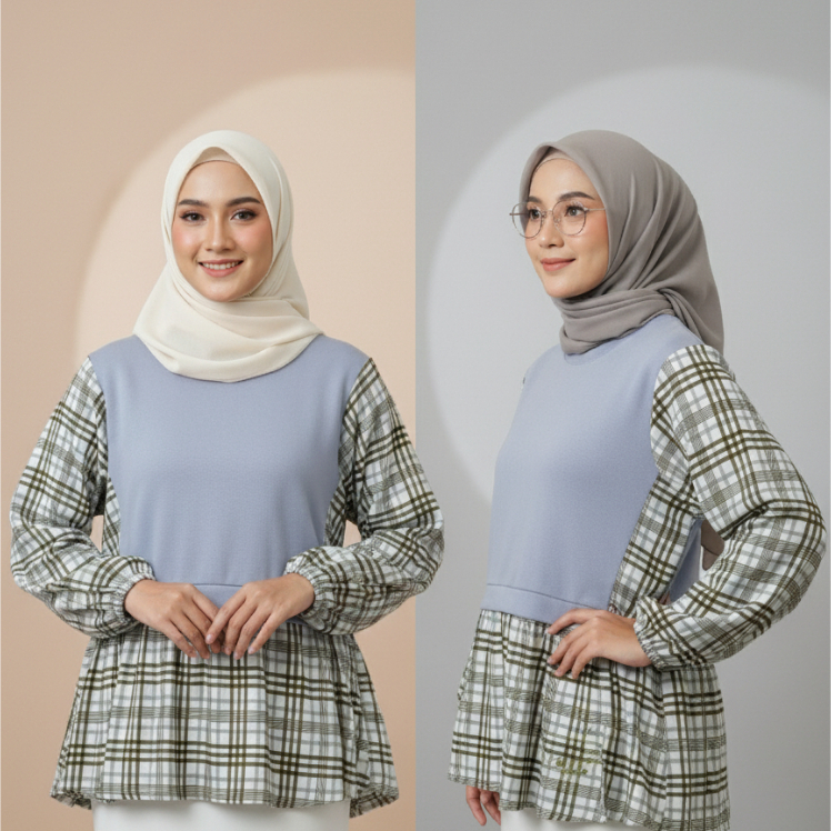 Atasan Wanita Kombinasi Plisket Kotak-Kotak