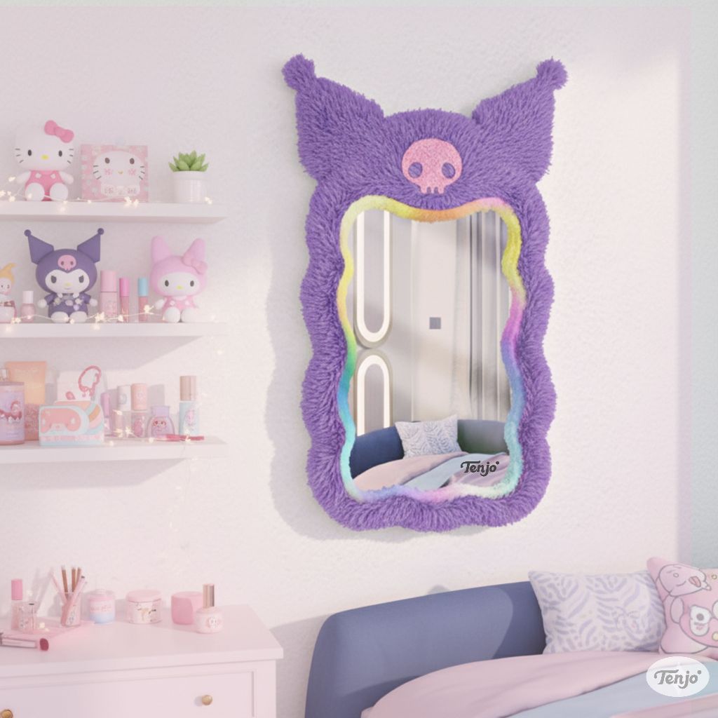 Cermin Lucu Rasfur Kuromi | Cermin Dinding Kuromi I Cermin Estetik Kamar Kawaii | Bulu Halus Fluffy 