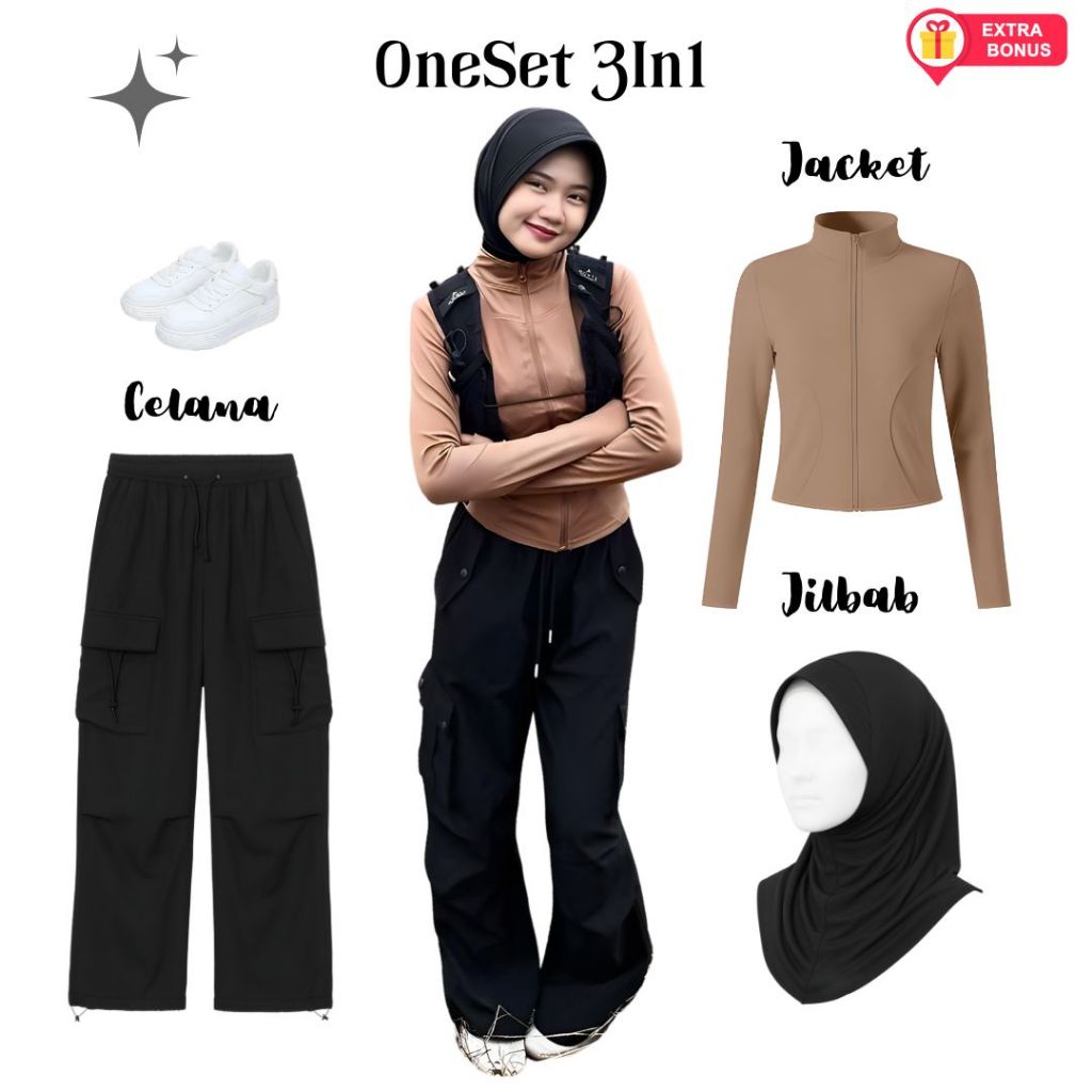 One set 3in1 jacket celana cargo jilbab bergo | ootd outfit oneset setelan wanita anak perempuan cew