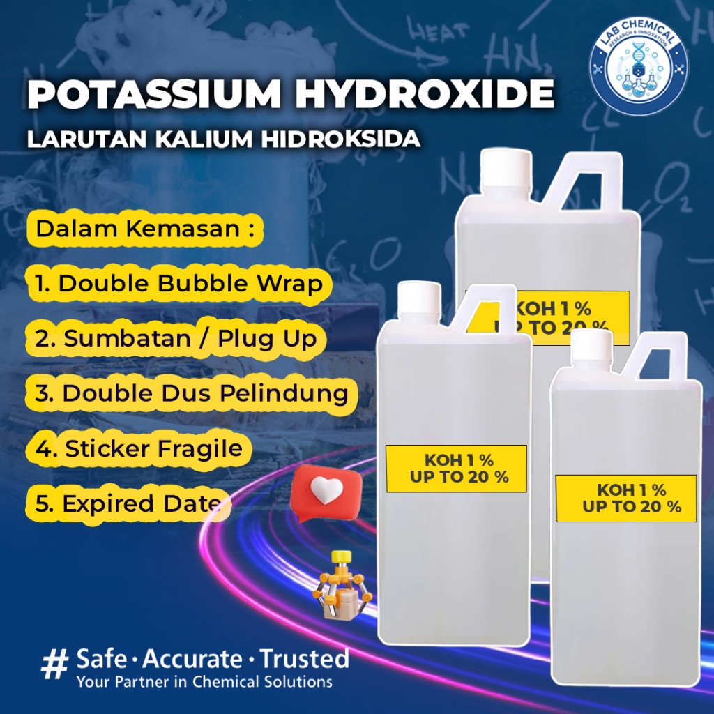 KOH 1 %, KOH 5 %, KOH 10 %, KOH 20 %, KOH 1 M – Larutan Kalium Hidroksida 1000 mL | Siap Pakai & Efe