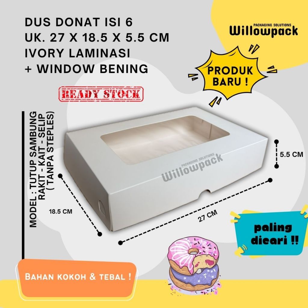 DUS DONAT ISI 6 WINDOW IVORY PUTIH LAMINASI BOX ROTI KUE BOLU PUDING CAKE