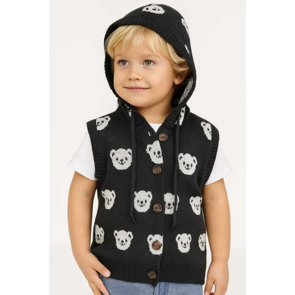 Vest Kupluk Anak - Rompi Rajut Anak Motip Beruang - Baju Rajut Anak Korean Style