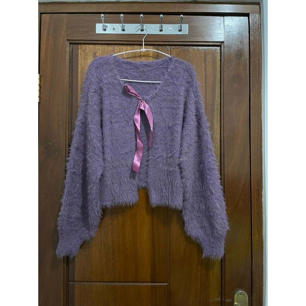 OUTER CROP CARDIGAN PITA FUZZY KNIT FUR UNGU