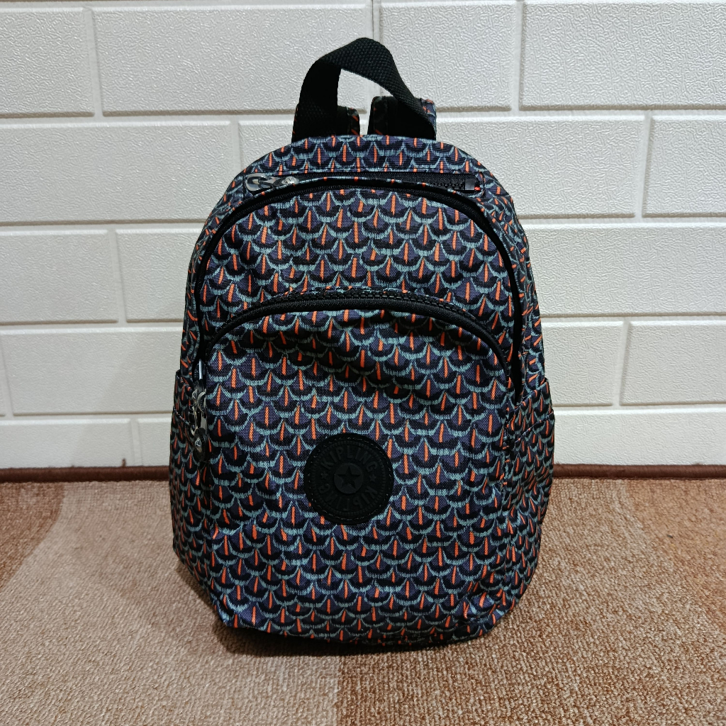 Tas Kipling Delia Mini Small Backpack with Front Pocket and Top Handle Original Geo Feather Wanita