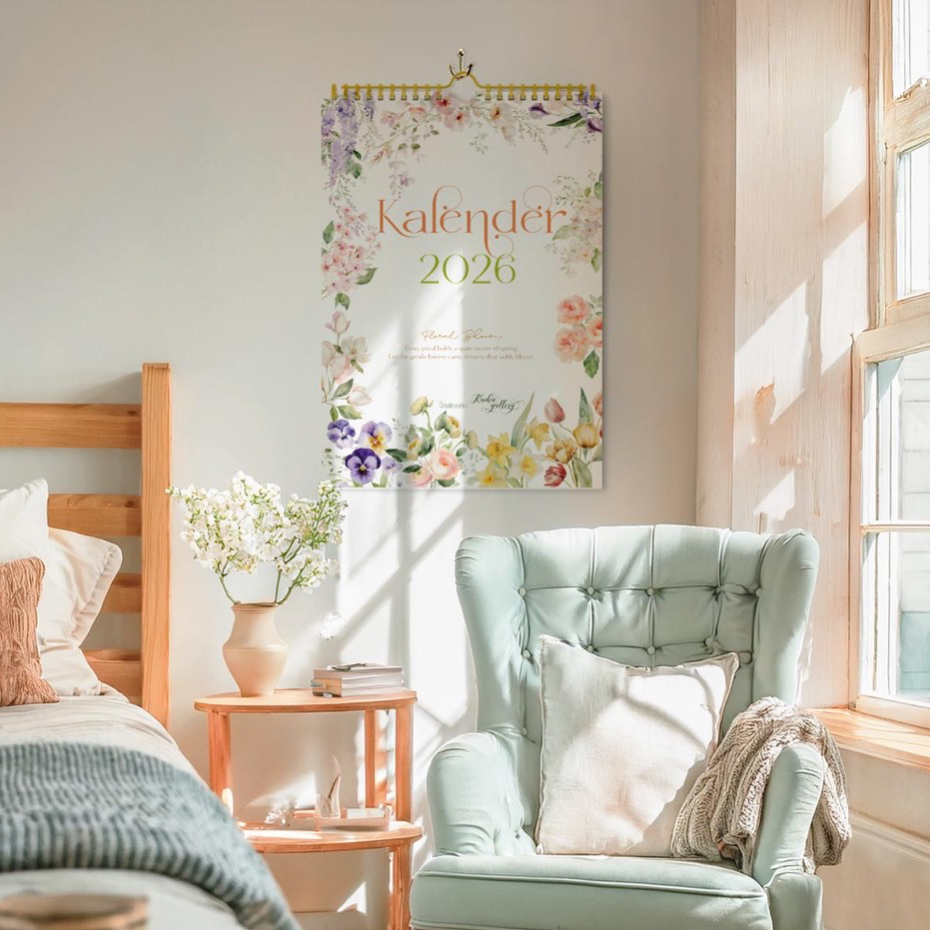Kalender 2026 - Tema Floral Bloom - Kalender Dinding SPIRAL  Masehi Hijriyah ukuran A3+