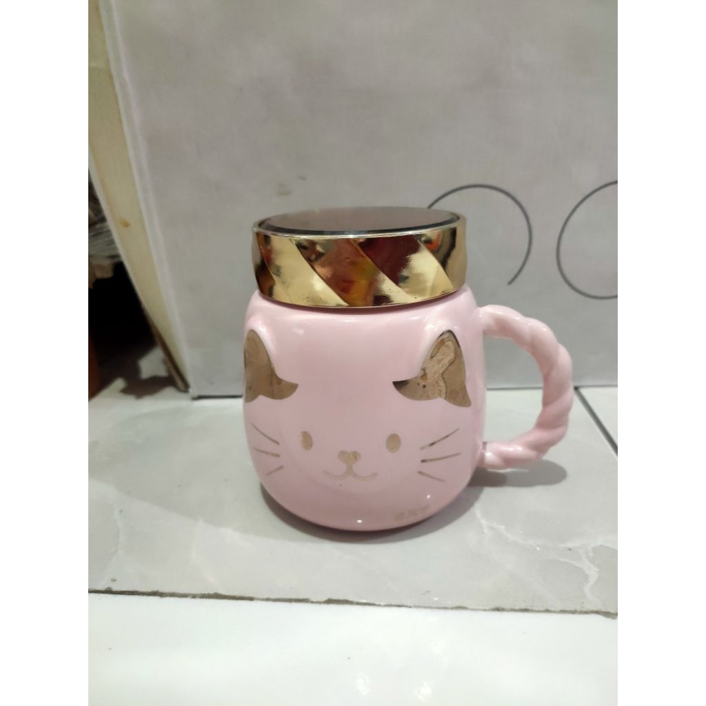 NEW ex kado mug kucing keramik tutup cermin putar