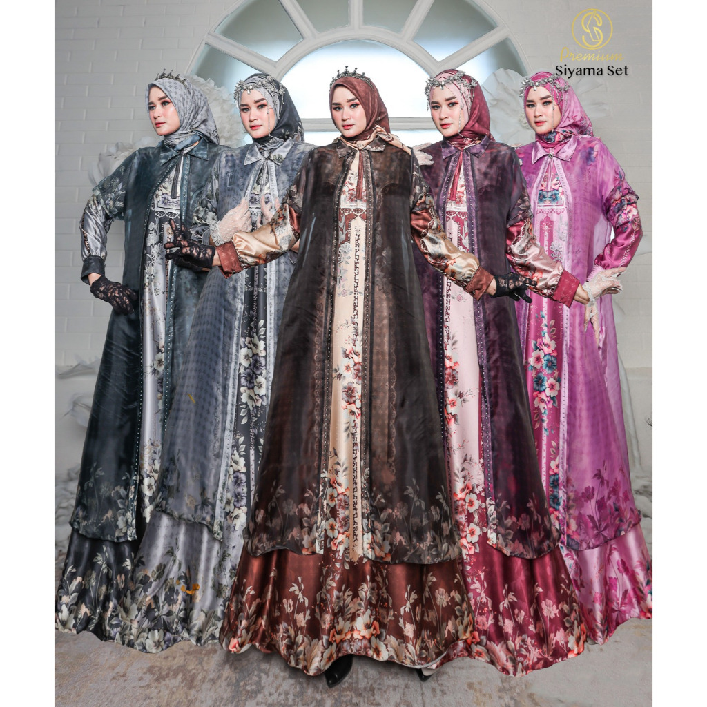 Siyama Set Premium Gamis Mewah Outer Wanita Muslimah Elegan | Long Dress Syar'i Motif Bunga Modern P