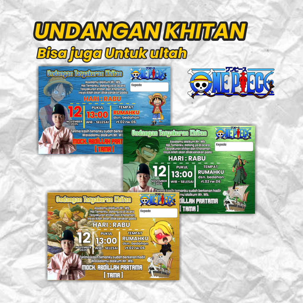 Undangan Ulang Tahun Ultah Khitan Aqiqah Anak Cowok Laki Laki Karakter One Piece Kekinian Custom Fre