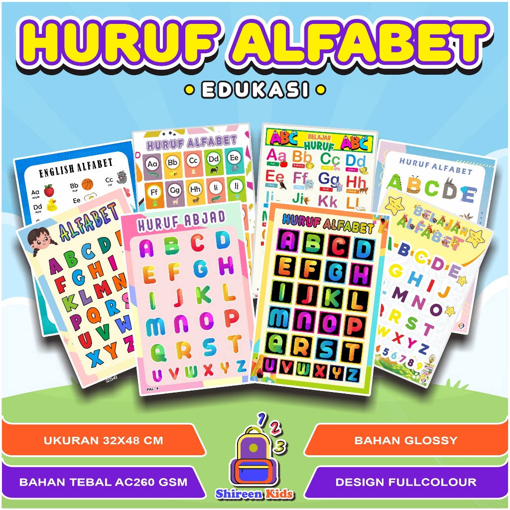 Poster Edukasi HURUF ABJAD ALFABET - Poster Huruf Alfabet -Belajar mengenal HURUF ABJAD ALFABET