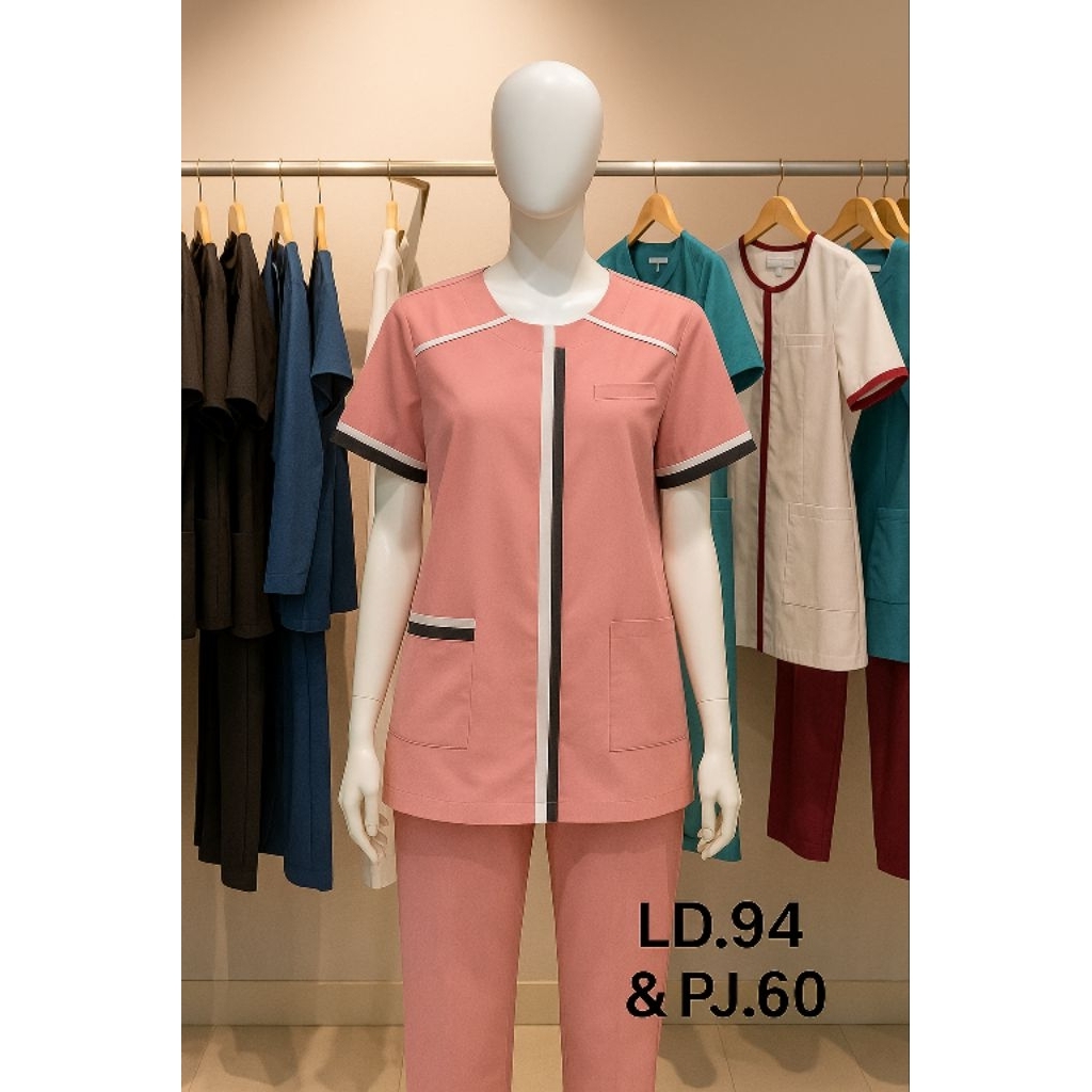 Atasan Seragam Kerja Wanita – Tunic / Baju Kerja Medis Pink Kombinasi Hitam