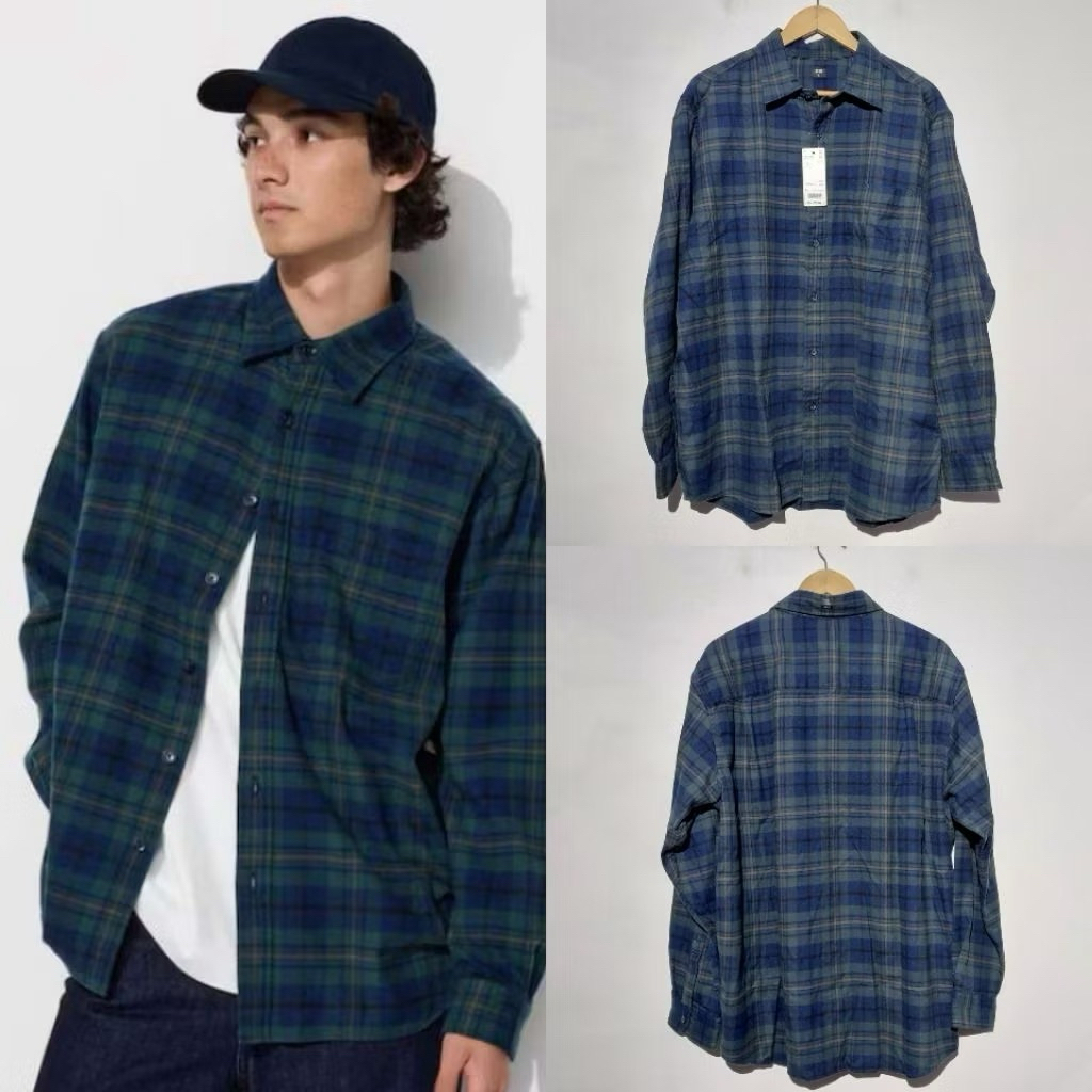 UNIQLO KEMEJA FLANNEL 56 OLIVE ASLI ORIGINAL BARU