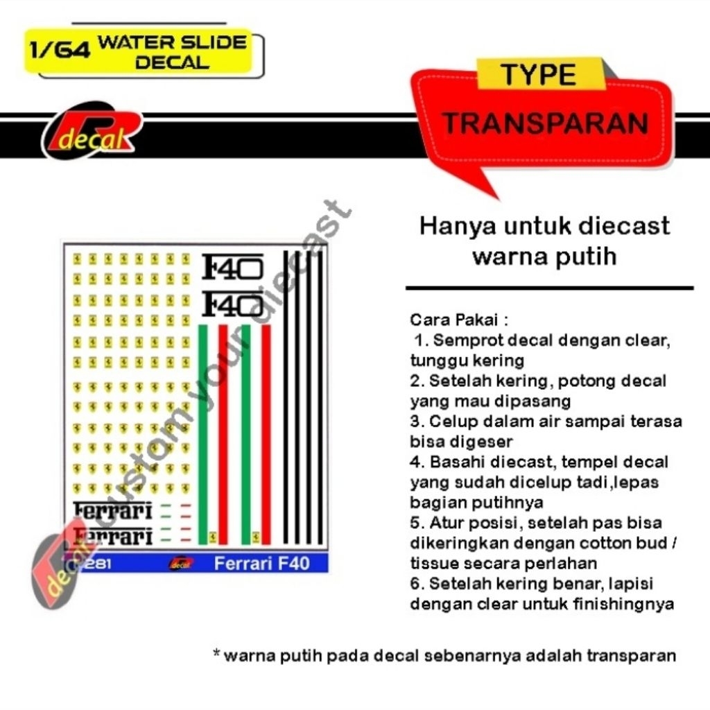 T281 Decal Hotwheels Transparan 1/64 Ferrari F40