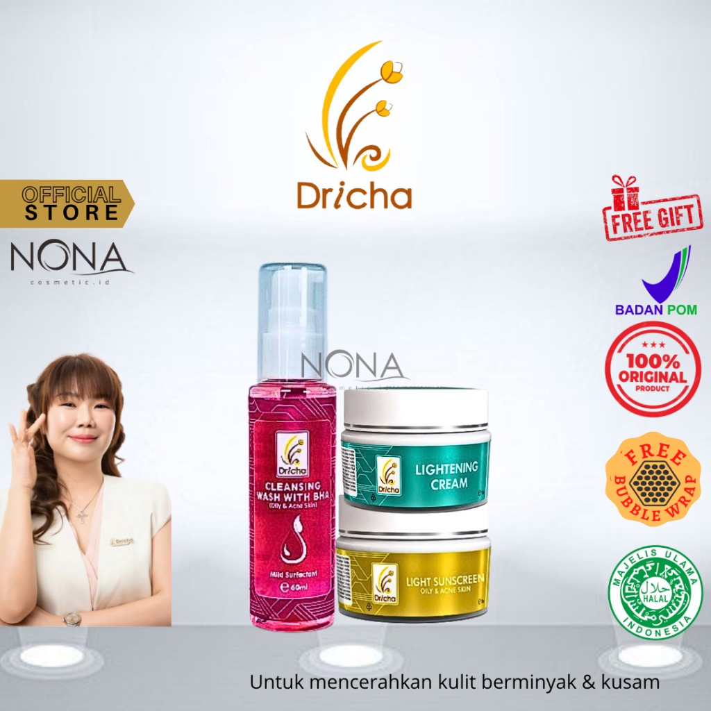 DRICHA Light sunscreen + lightening cream + cleansing wash - Paket kulit berminyak , flek dan  kusam