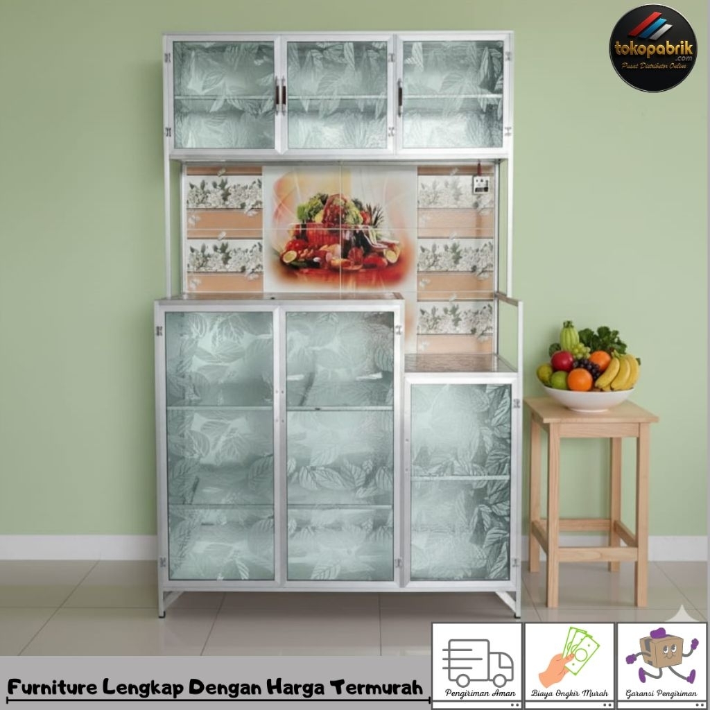 Rak Piring Kaca 3 Pintu Keramik / Rak Alumunium Minimalis / Lemari Dapur Piring Murah Bandung Garut 