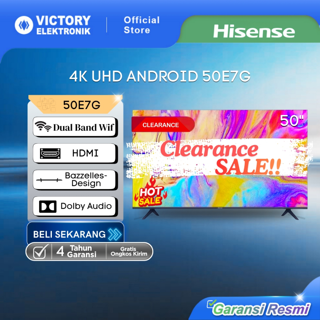 [HARGA CUCI GUDANG] HISENSE Android 4K UHD Full Screen Smart TV 50 inch 50E7G - 50 Inch