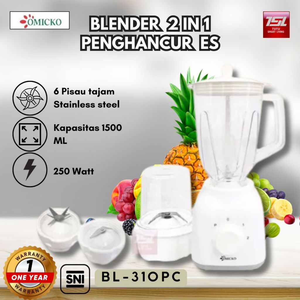 TUTU OMICKO BL-310 PC Blender Pelumat 2in1 Pisau Stainless Steel 6 Mata 1000ml 250W Kapasitas Besar 