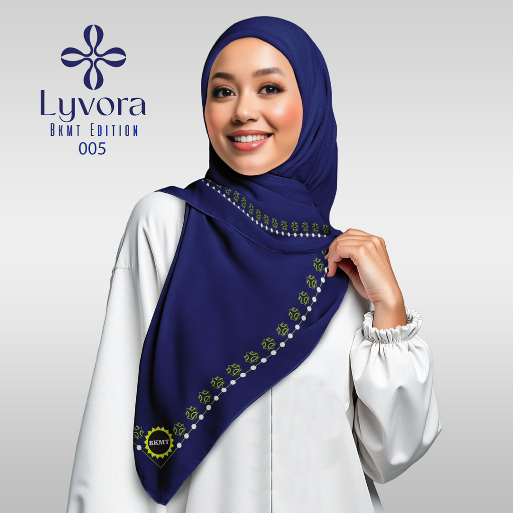 Jilbab BKMT - 005 Biru Dongker - Hijab Voal Premium Lyvora – Segi Empat Adem, Laser Cut, Zipper Bag