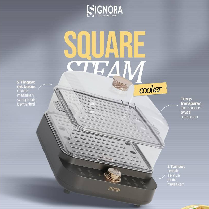 SIGNORA Square Steam Cooker NEW | Alat Kukus Elektrik Listrik 19 Liter Food Steamer 2 Tier Multifung