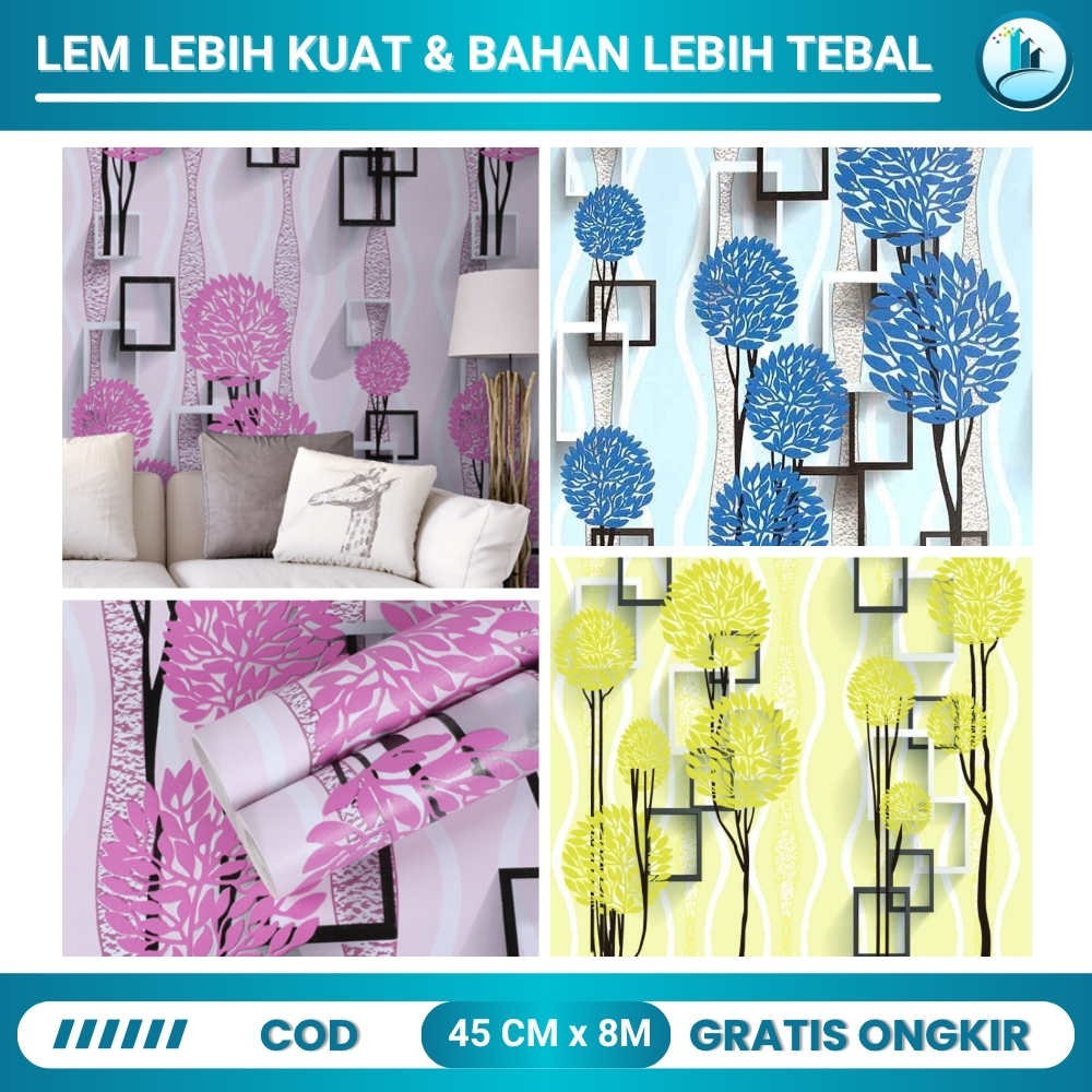 Stiker Dinding Kamar Tidur Wall Sticker Dinding Walpaper Dinding 3D Motif Kotak Bunga Dandelion Pink