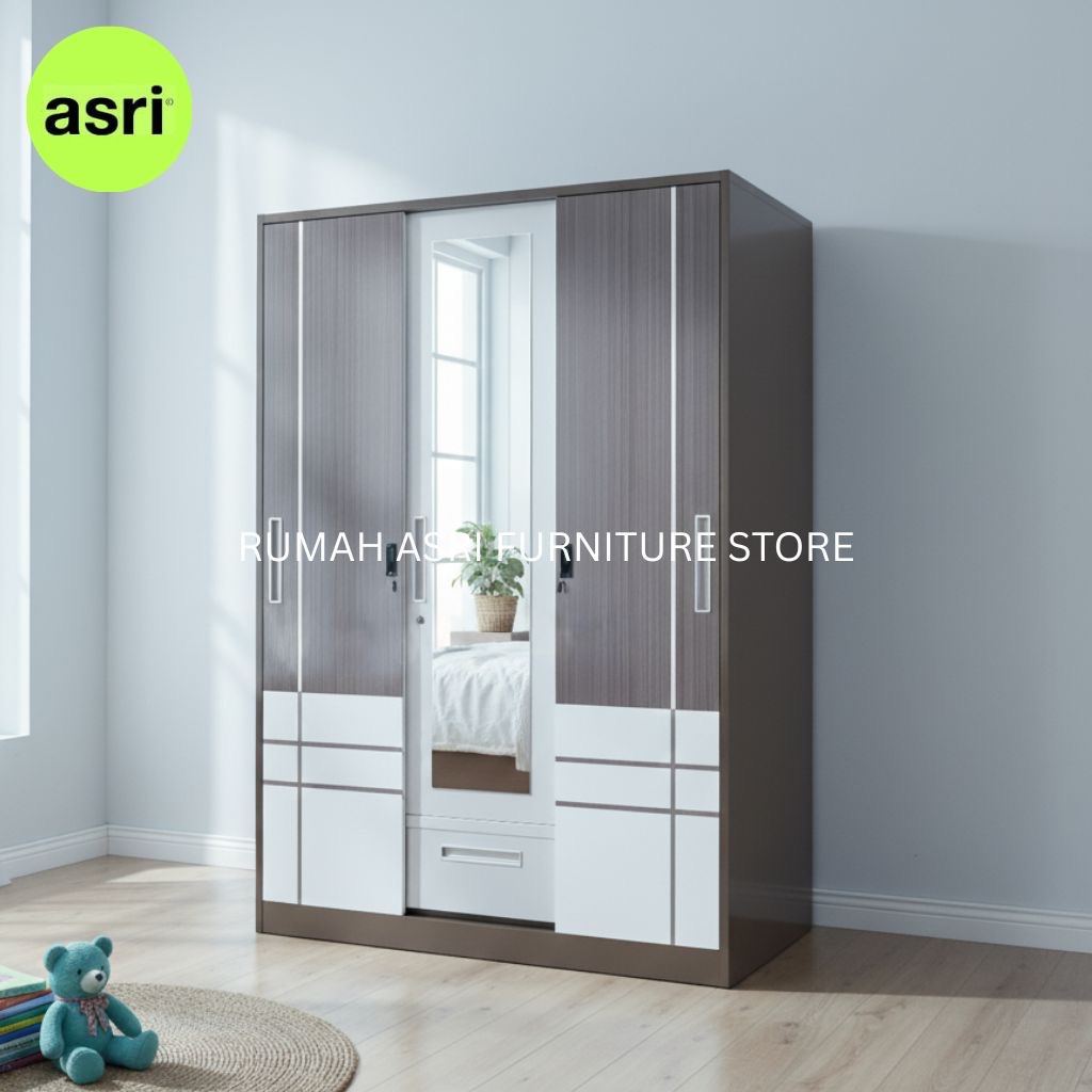 Lemari Pakaian Besi 3 Pintu Sliding + Ayun 120cm Minimalis Murah