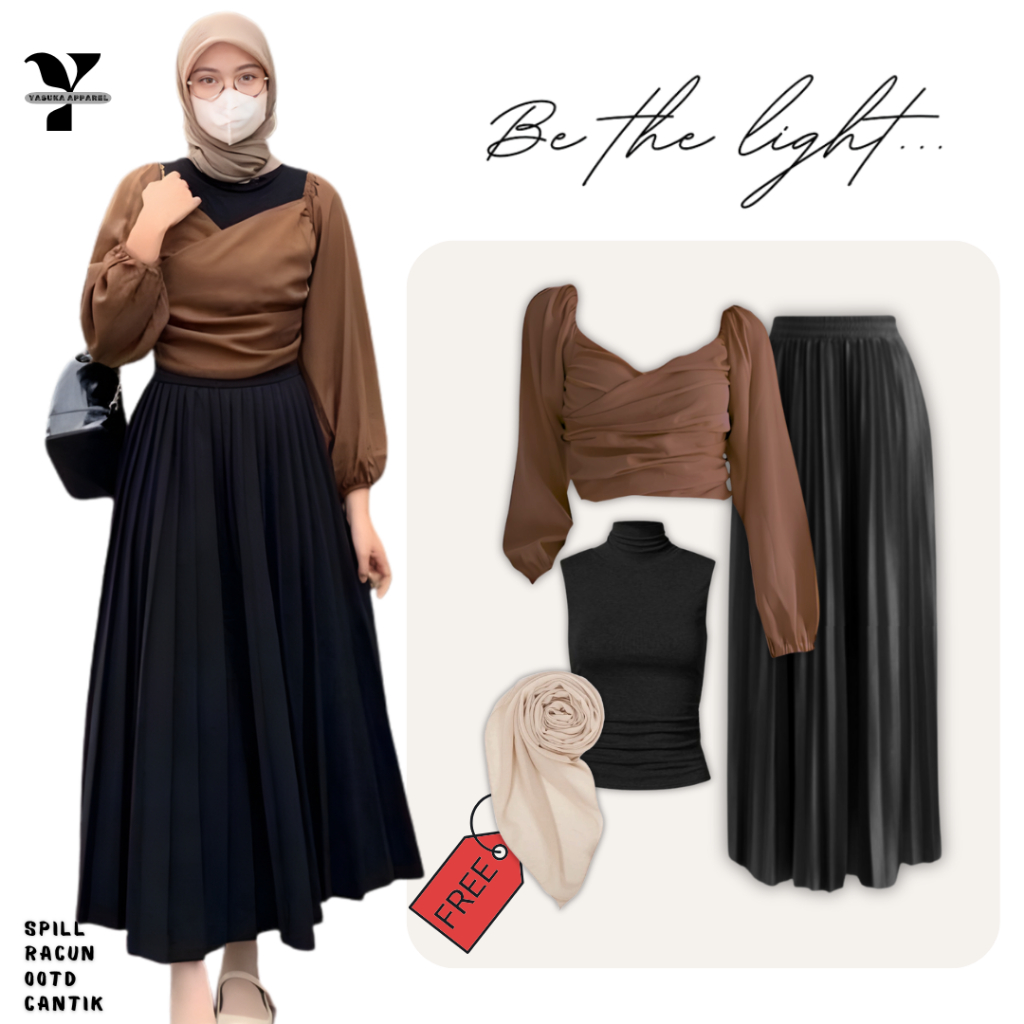 One Set Wanita Kekinian Blouse Coklat + Rok Plisket Hitam FREE Hijab OOTD Classy Look YAP261