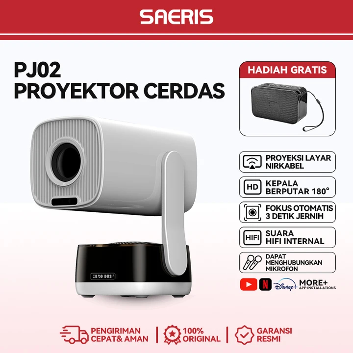 SAERIS Proyektor Android 4K Full HD Proyektor hp ke Dinding Max 200" AI Auto Infokus WiFi 5G RGB