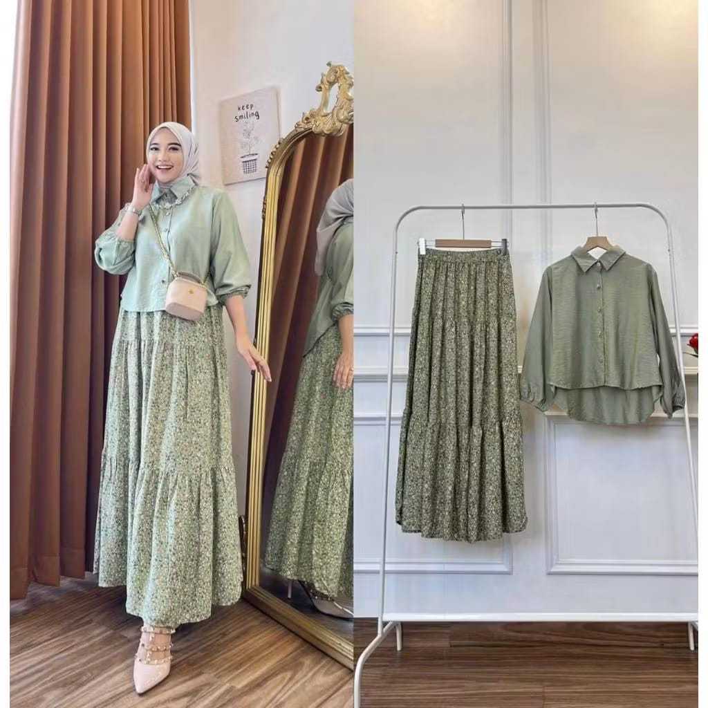 Stelan Rok Rayon Mix Crinkle One Set Rok Rayon Atasan Crinkle Setelan Wanita Rayon Mix Crinkle Busui