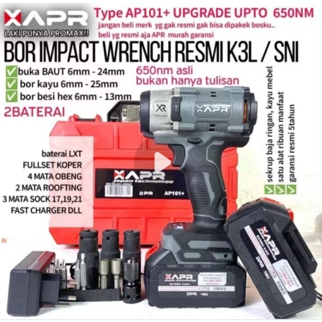 Mesin bor impact cordless 1/2 inch 2baterai MEREK XAPR-RYU