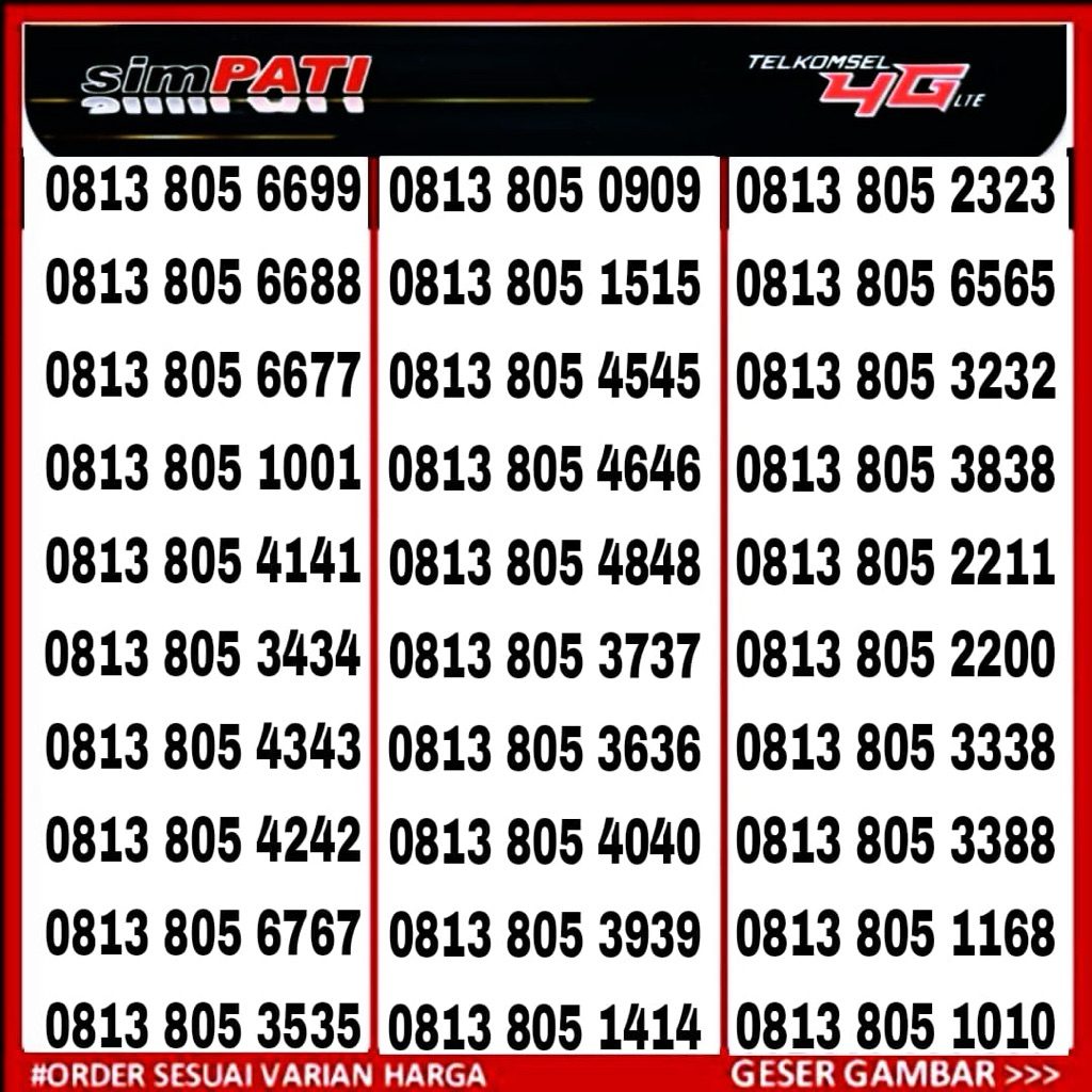 nomor cantik nomer kartu perdana Telkomsel simpati 11digit cantik bos Boss 805 0101 0303 0404 0505 0