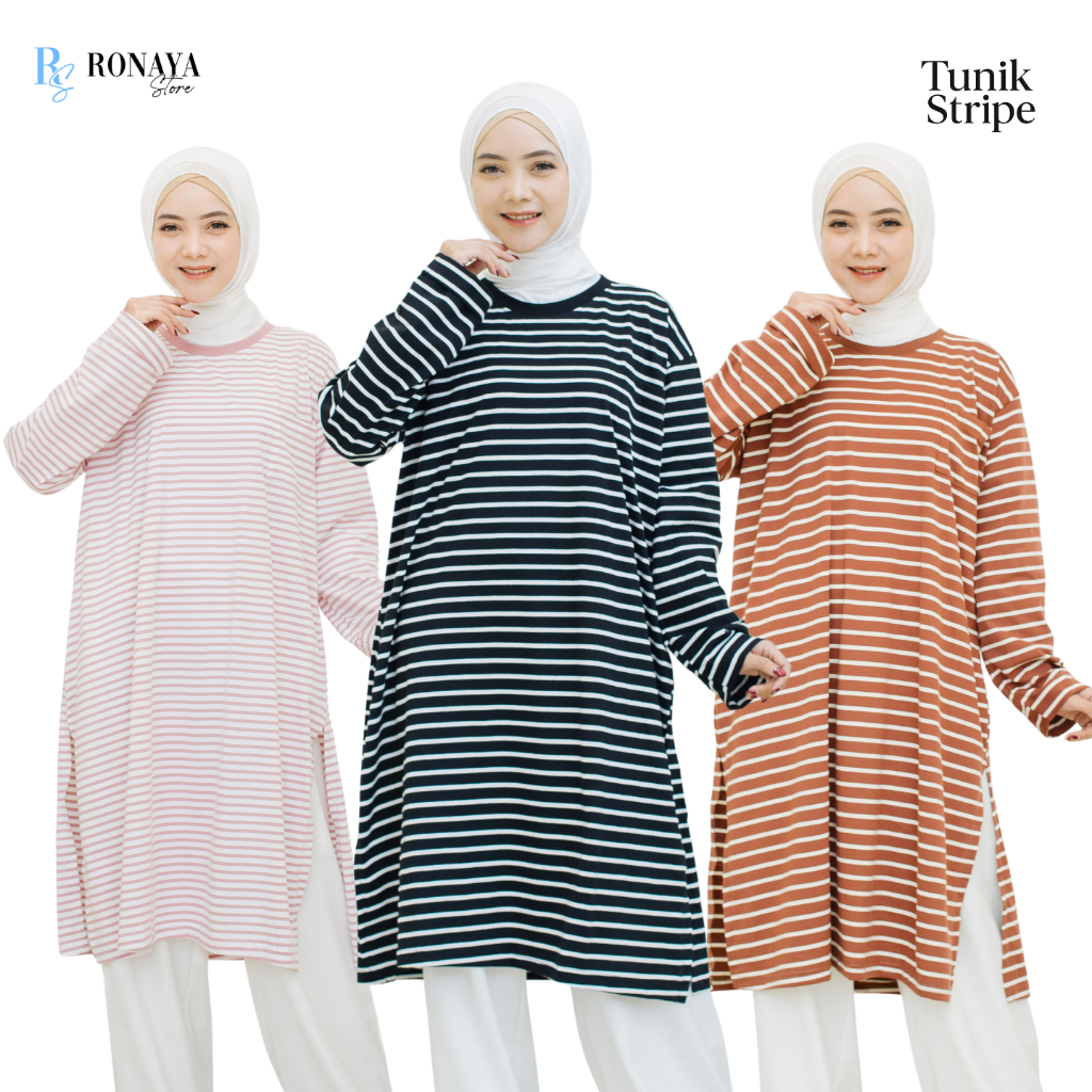 Ronaya Tunik Oversize | Kaos Tunik Stripe | Bahan Katun Adem | Tunik Jumbo | Atasan Wanita Long Slee