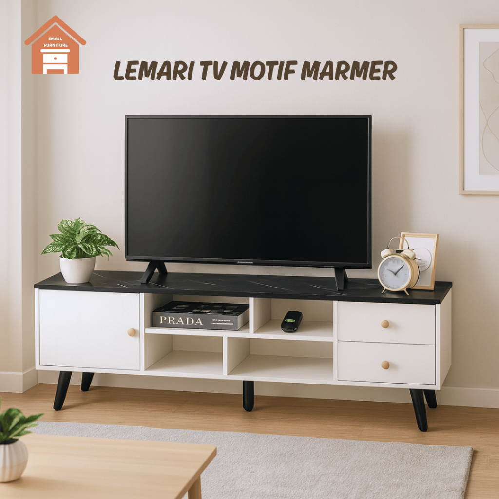 Lemari TV Motif Marmer Lemari TV 43 Inch Minimalis Meja TV Ruang Keluarga Aesthetic Consola Table Bu