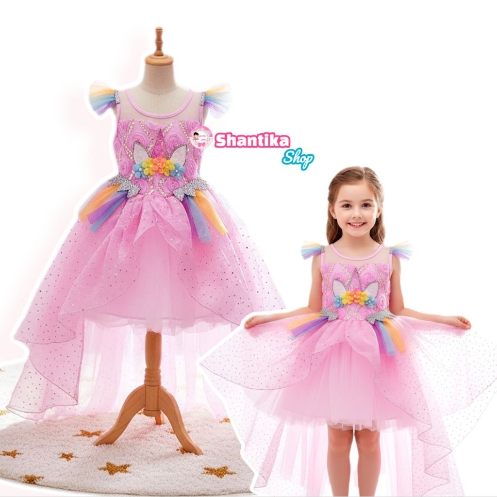 Like New | Dress Unicorn Premium Mewah Ekor Panjang | Gaun Pesta Unicorn Premium Anak Perempuan 3-5 