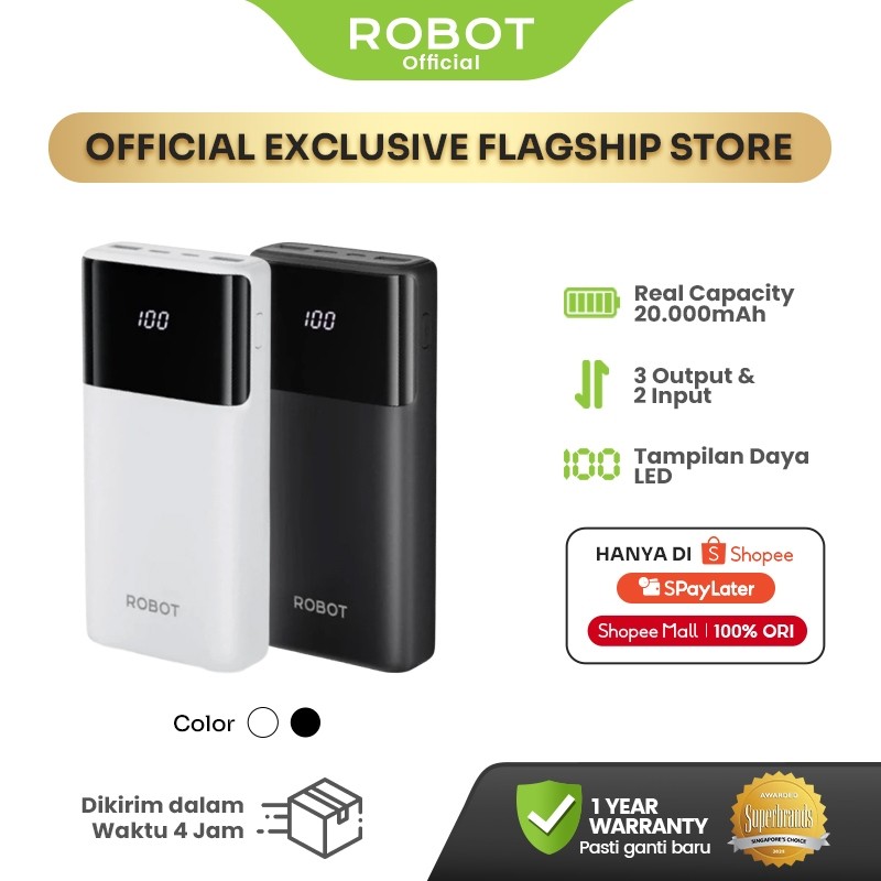 ROBOT Powerbank 20000mAh Fast Charging 15W Real Capacity 3 Output 4 Device Charging with LED Indicator Portable Battery Original RT22S - Garansi 1 Tahun