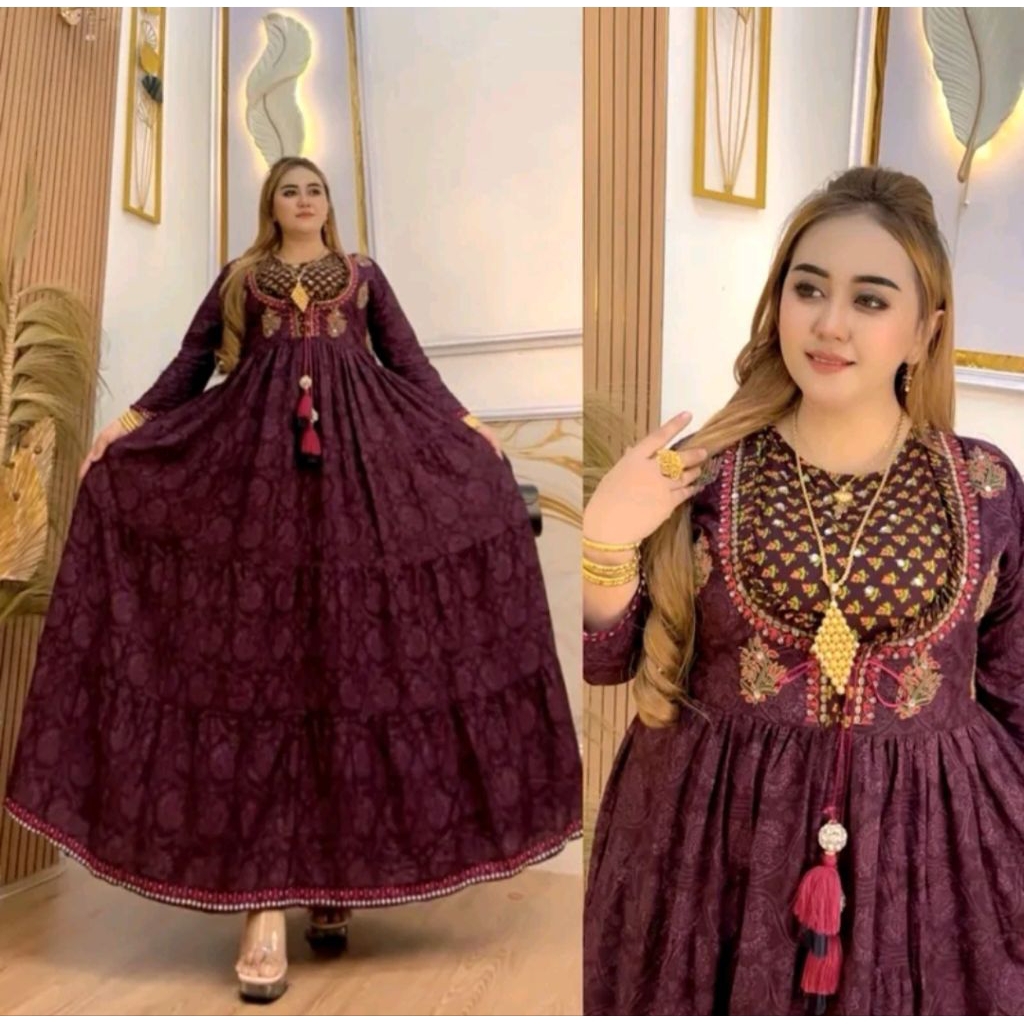 Gamis Wanita Hindi Bordir Nayira Standart Ld 110 & Jumbo Ld 120 Pb±138 Rayon Adem Depan Tali Karet P