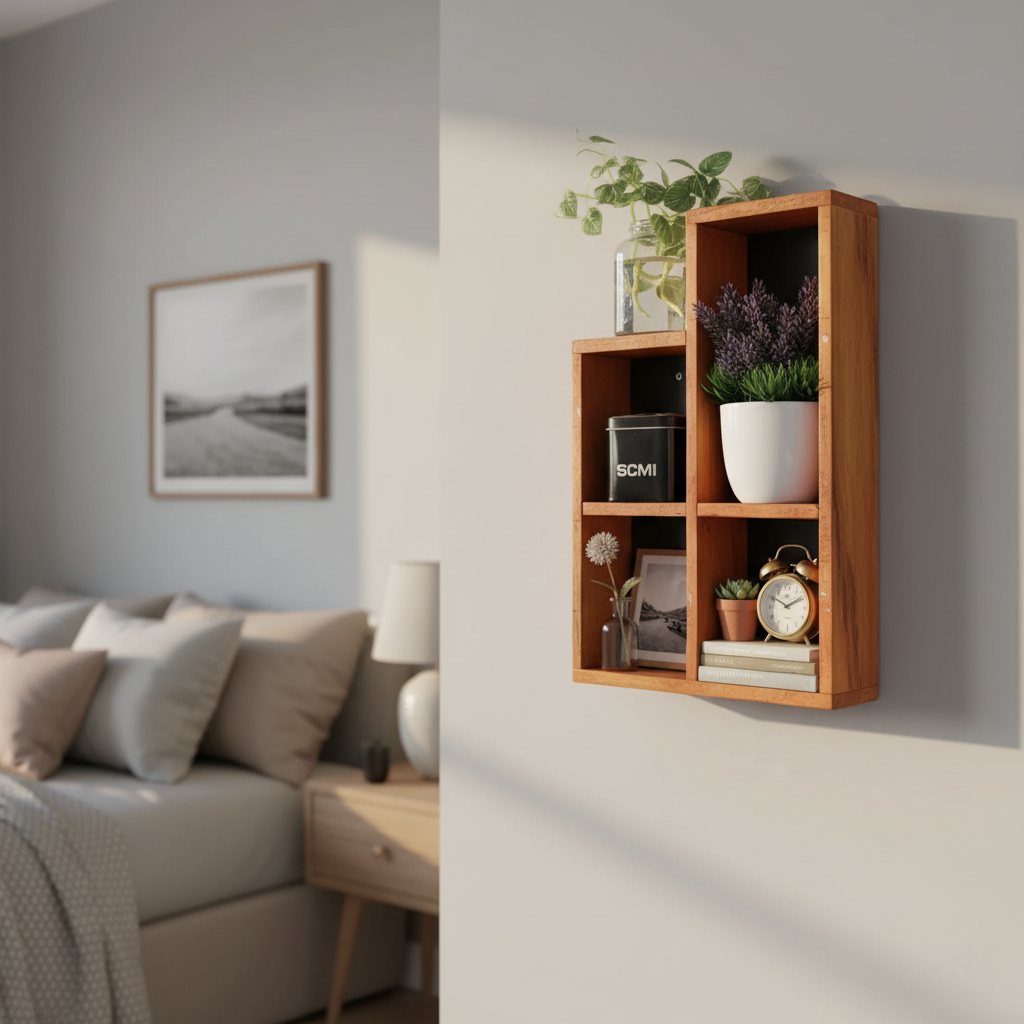 Rak Dinding Minimalis 4 Sekat – Rak Pajangan Estetik Serbaguna untuk Kamar & Ruang Tamu