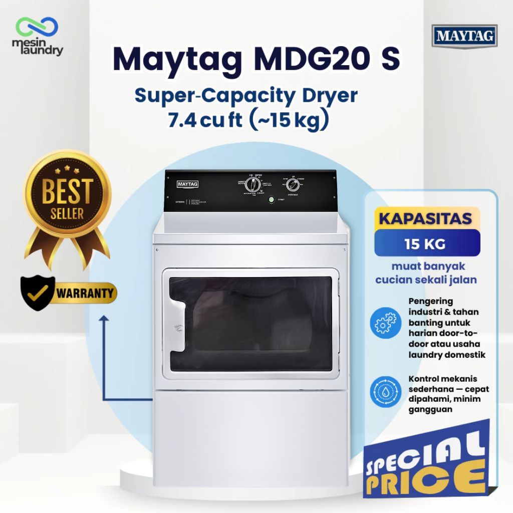 Maytag MDG20 Super-Capacity Dryer 15 KG – Pengering Laundry Industri Gas | Kuat & Efisien