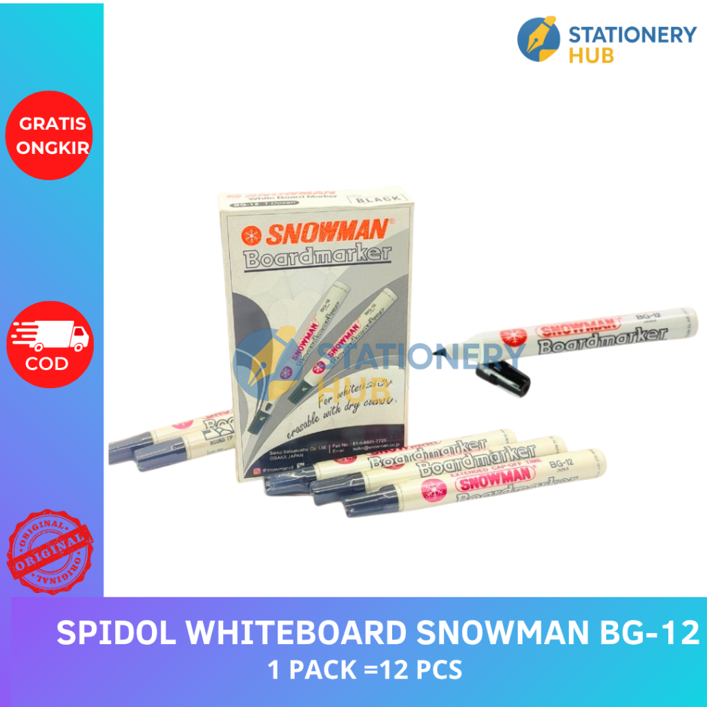 ( 1 pack = 12 pcs) SPIDOL WHITEBOARD MARKER / BOARDMARKER SNOWMAN BG-12 Spidol Papan Tulis Tinta Pek