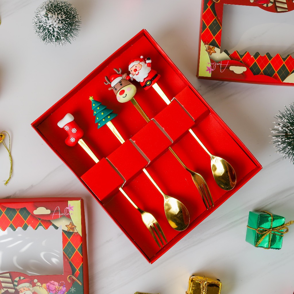 [HAMPERS NATAL] Hampers Christmas Sendok Garpu Alat Makan Stainless Steel Isi 4pcs / Set Alat Makan 