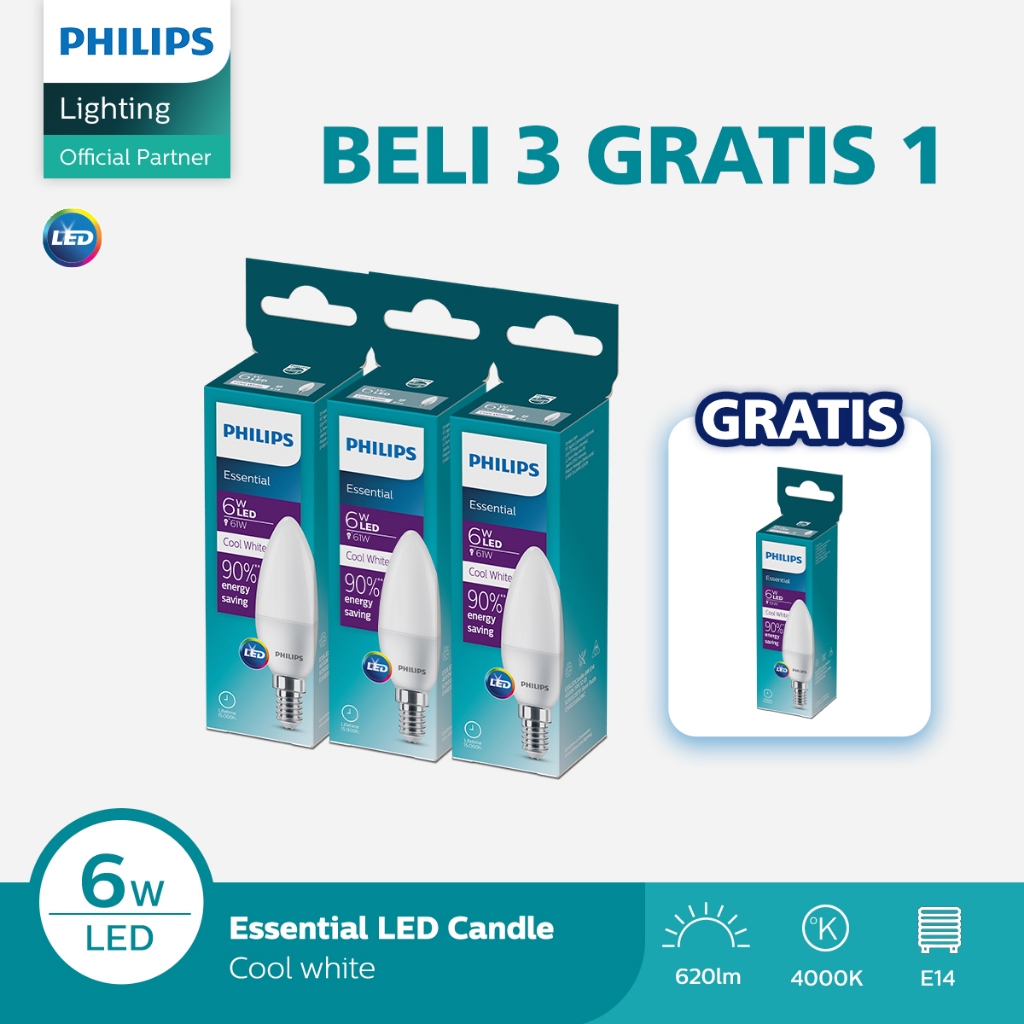 Beli 3 Gratis 1 Lampu Philips Bohlam ESS LED Candle  6W E14 4000K Semi putih