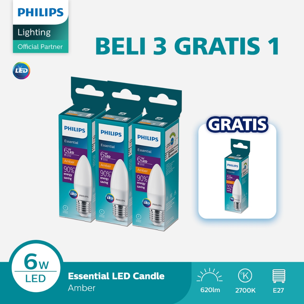 Beli 3 Gratis 1 Lampu Philips Bohlam ESS LED Candle  6W E27 2700K Kuning