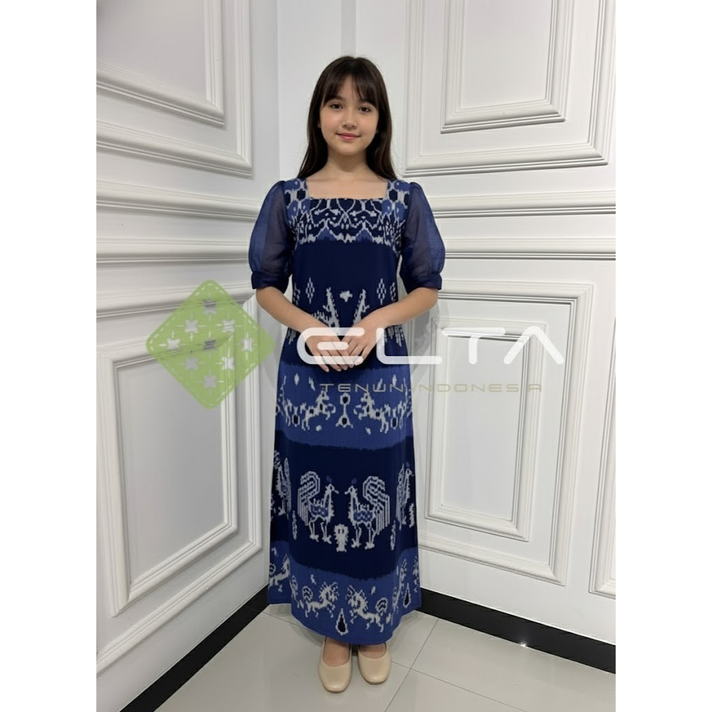 elta tenun Dress Anak Tenun Motif Sumba - Gaun Etnik Anak Perempuan Lengan Puff Cantik