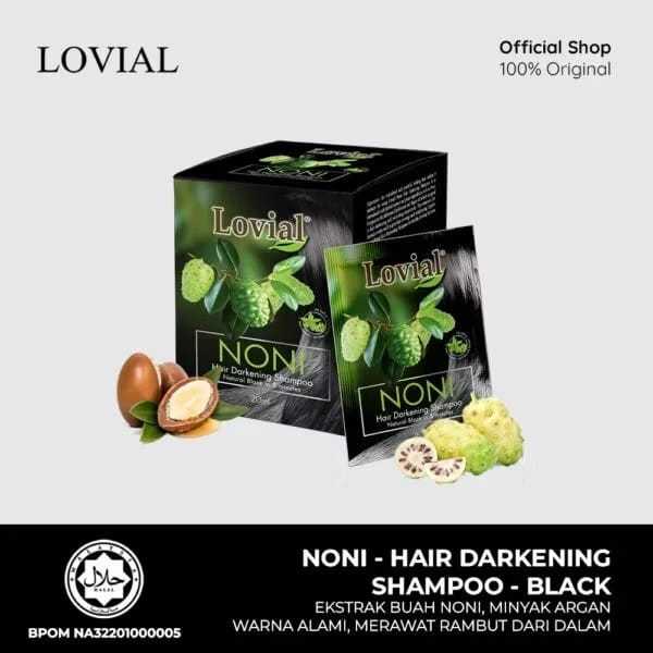 LOVIAL Perwarna Rambut Noni Hair Darkening Shampoo Brown / Black – Semir Rambut Praktis / Noni Black