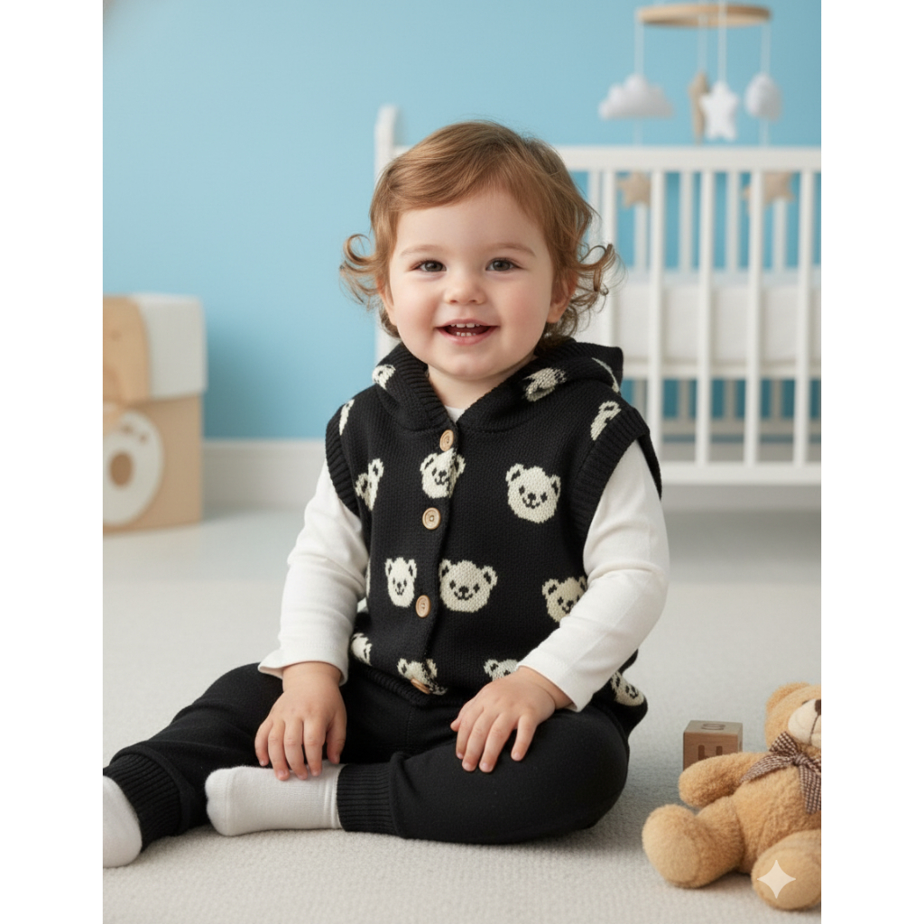 Rompi Rajut Bear Hug Hooded Vest Set Bayi Rajut Premium Baju Luaran Anak Laki Perempuan 0-2 Tahun