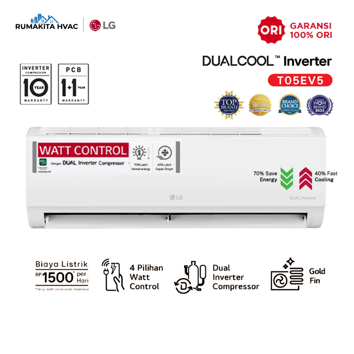 AC Split LG DUAL COOL Inverter Watt Control 1/2 PK - T05EV5 | T05 EV5 | T05-EV5
