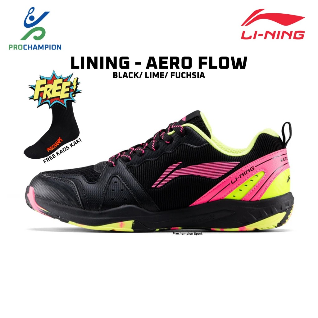 Sepatu Badminton LINING Aero Flow Black Lime Fuchsia