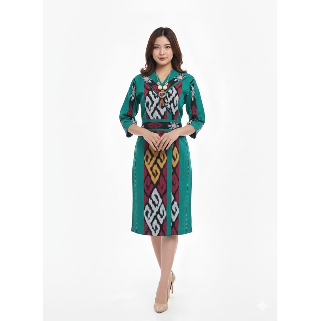 DRESS TENUN ETNIK JEPARA BUATK ACARA NATALAN MAUPUN CASUAL  WARNA HIJAU TOSCA